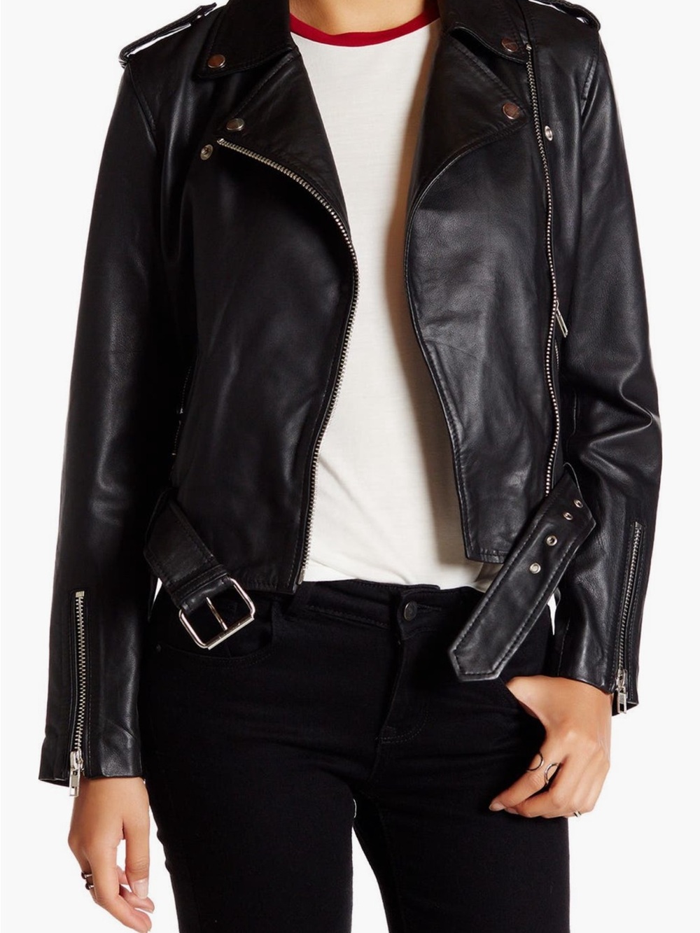 Walter Baker Black Leather Moto Jacket with Silver Hardware